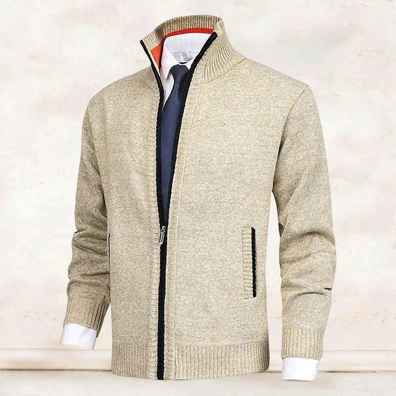 Oatmeal knit cardigan featuring black-trimmed zip and stand collar