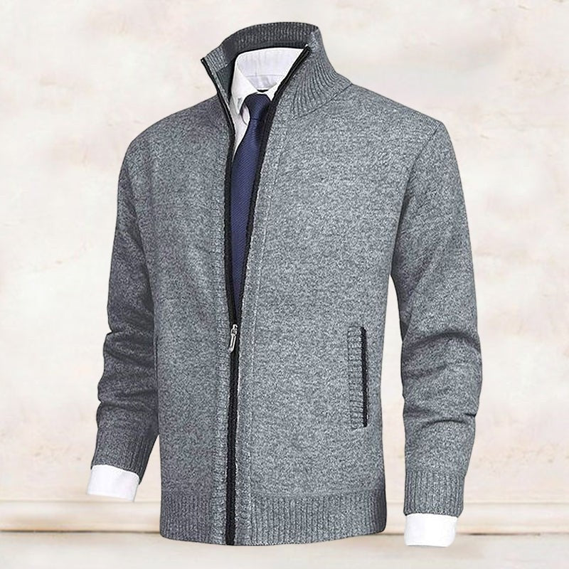 Grey marl zip-through cardigan with ribbed cuffs and stand collar