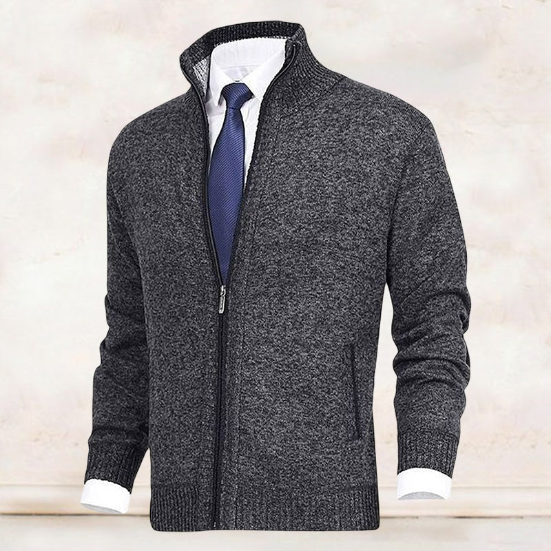 Charcoal knit cardigan with full zip fastening and ribbed hem