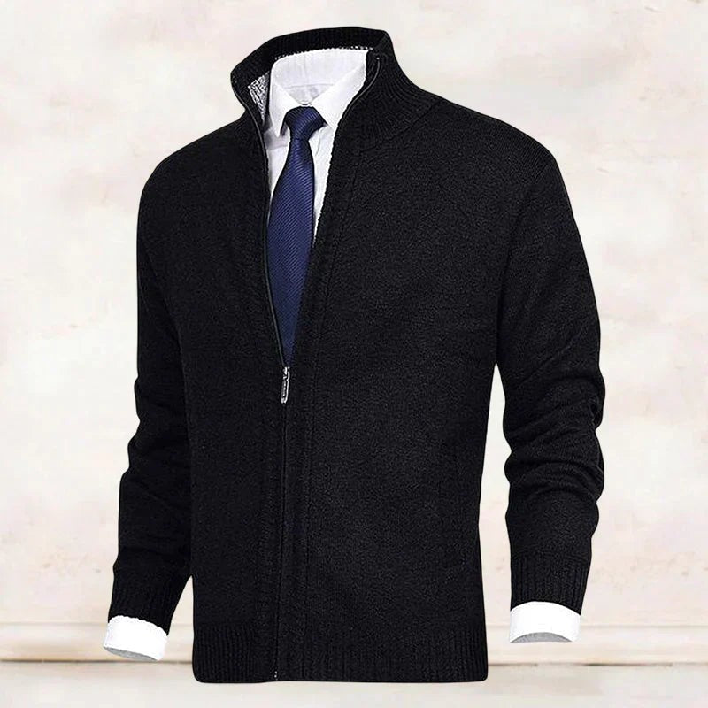 Black zip-up knitted cardigan with stand collar and ribbed trim