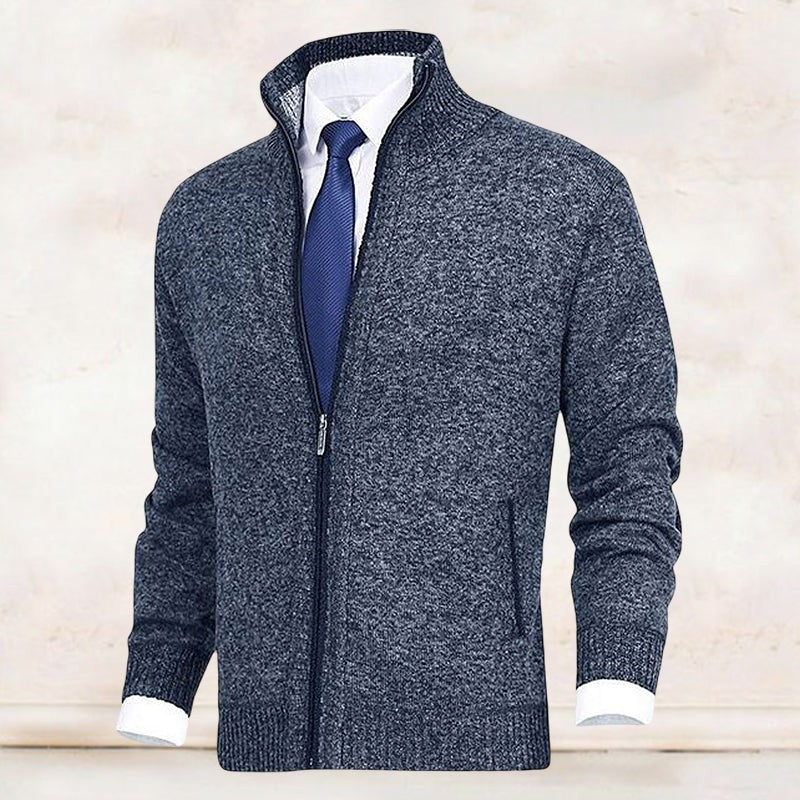Navy marl knit cardigan with full zip and ribbed cuffs