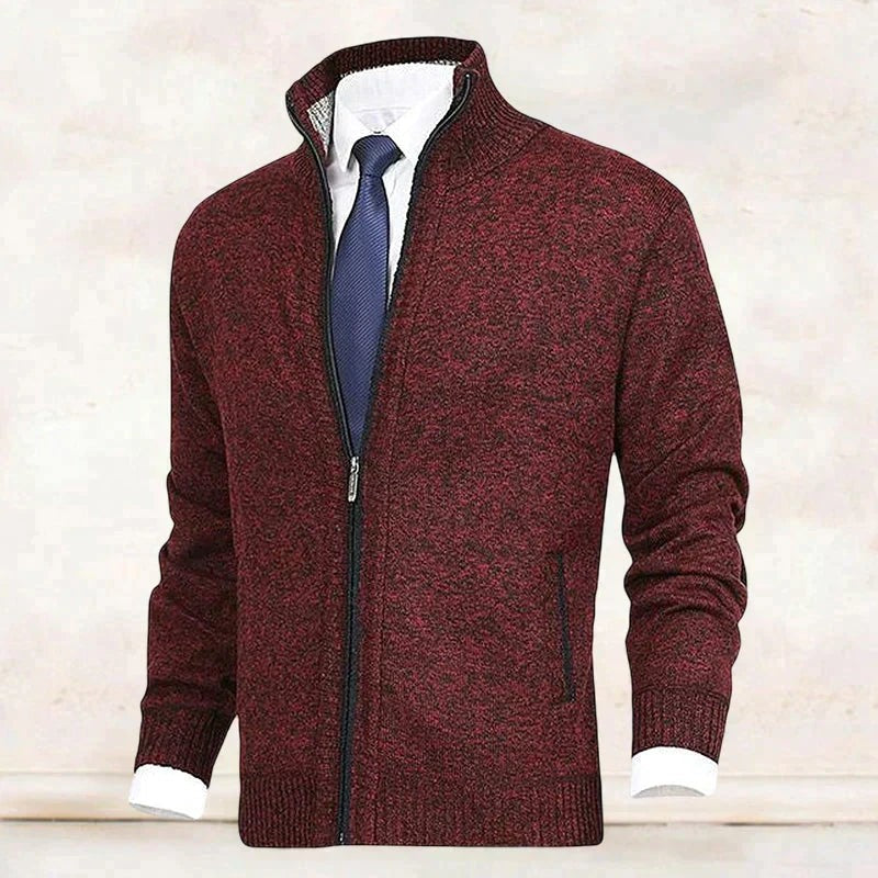 Burgundy marl zip-up cardigan with ribbed collar and cuffs