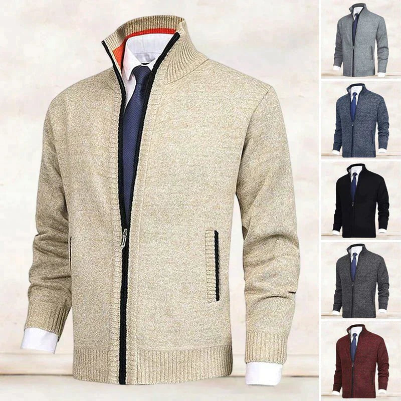 Men's knitted zip cardigan shown in six colourways with ribbed trim