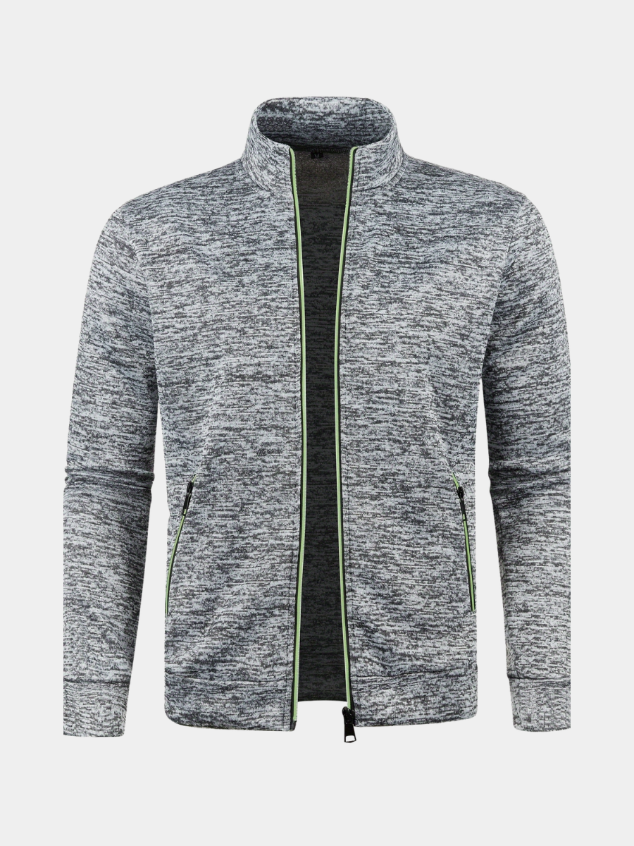 Men's grey marl zip-up jacket with funnel neck and lime green trim
