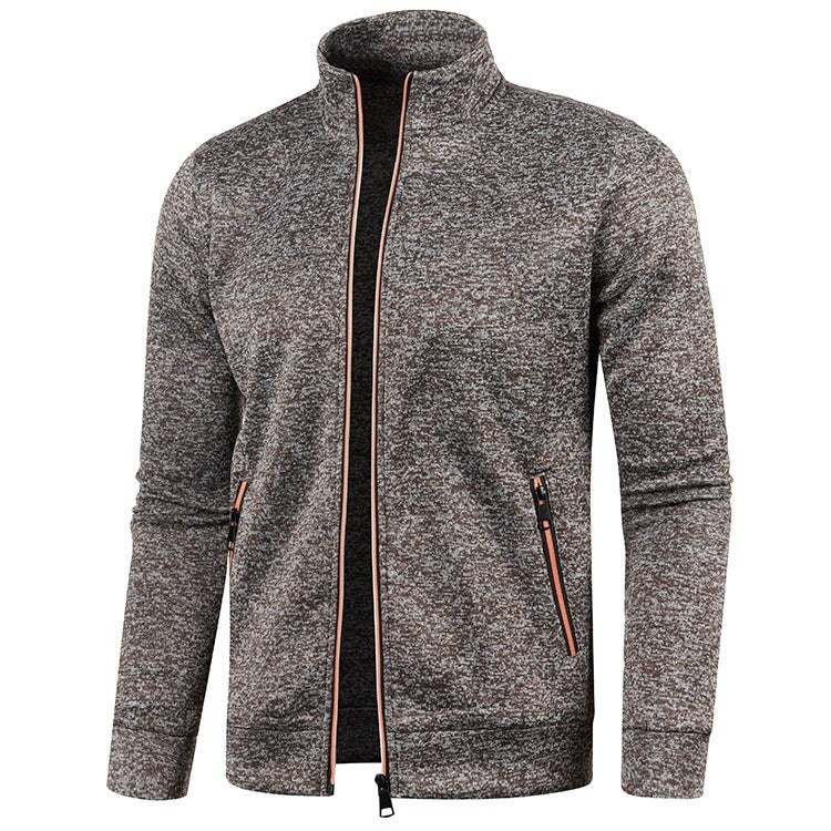 Grey fleck zip-through jacket with high neck and orange piping