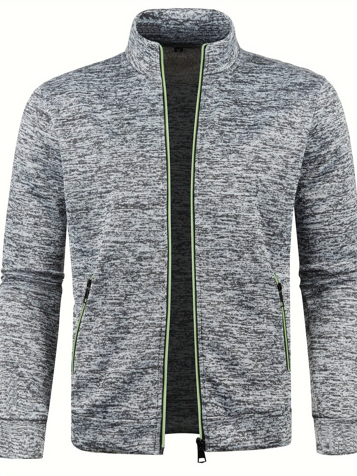 Grey heather funnel-neck jacket with contrast green zip piping