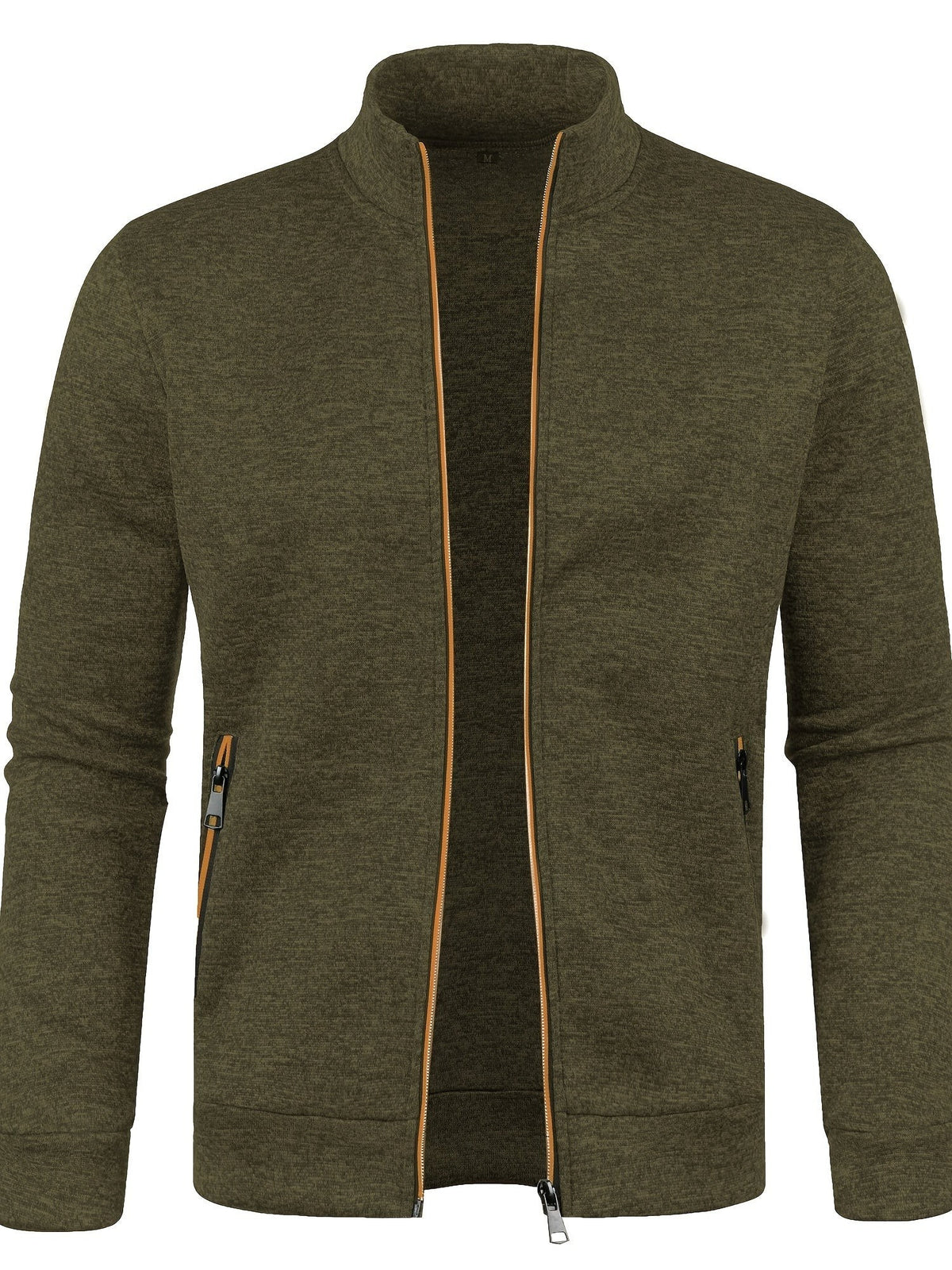 Olive green funnel-collar zip jacket with tan piping accents