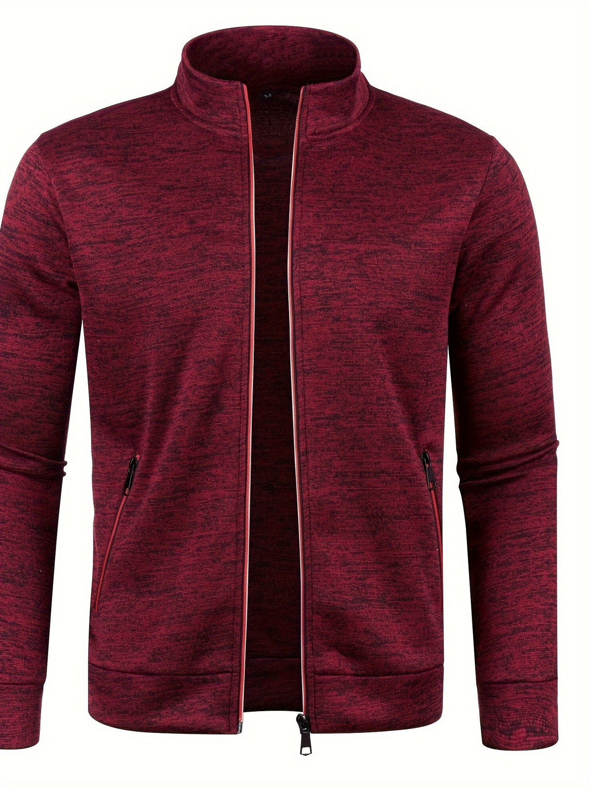 Burgundy marl zip-up jacket with high collar and coral piping