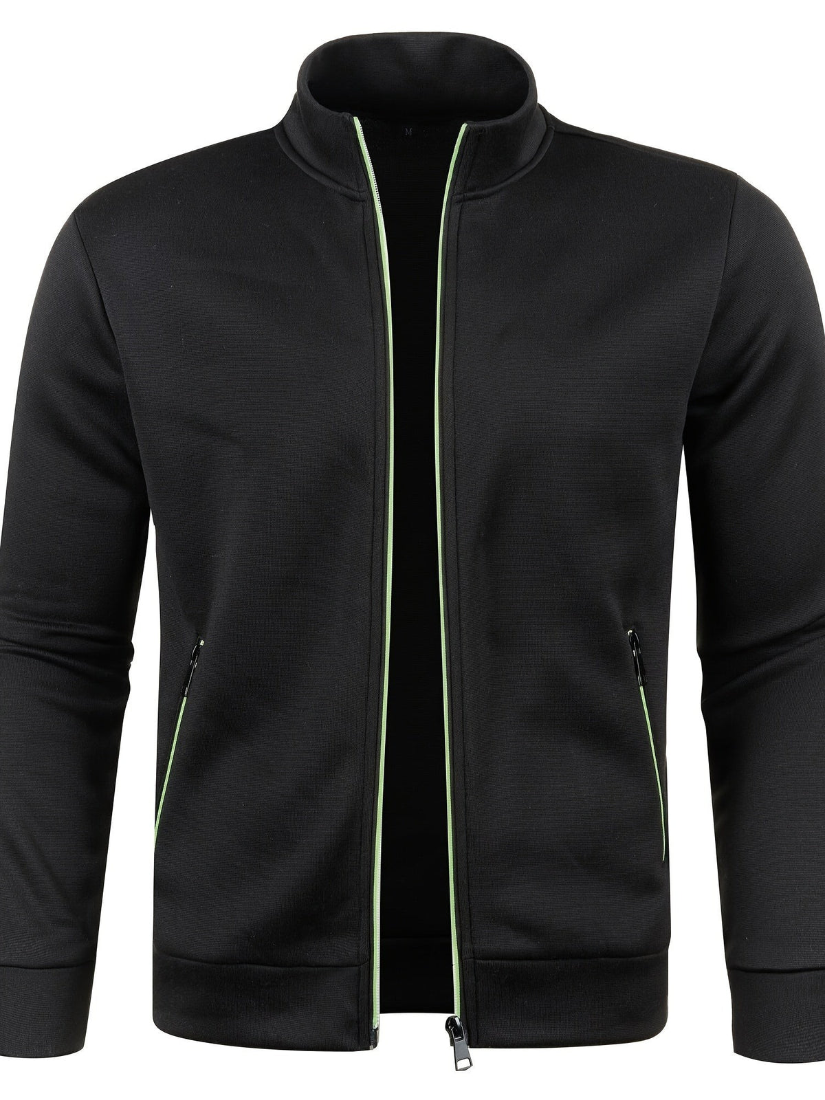 Black high-neck zip jacket with subtle lime green zip piping