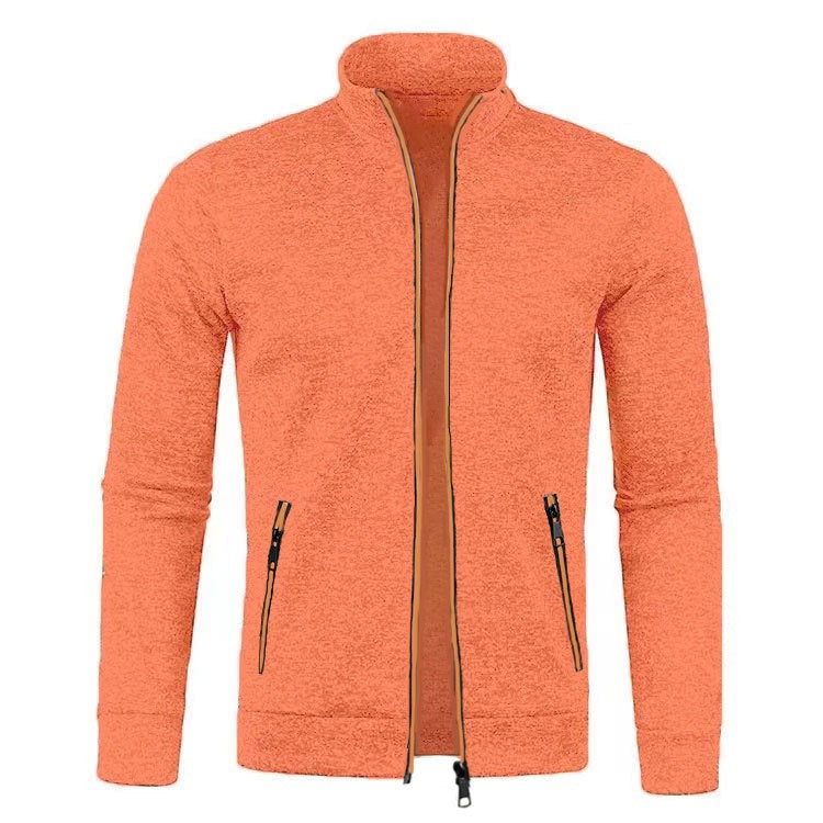 Orange textured zip-up jacket with high collar and tan trim