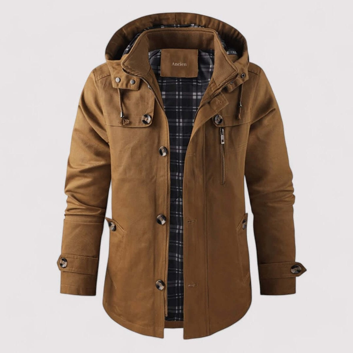 Camel hooded jacket with check flannel lining and button pockets