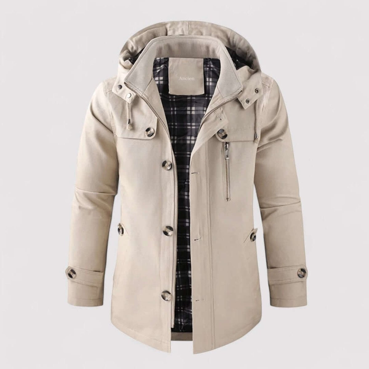 Beige hooded winter coat featuring zip fastening and tartan lining