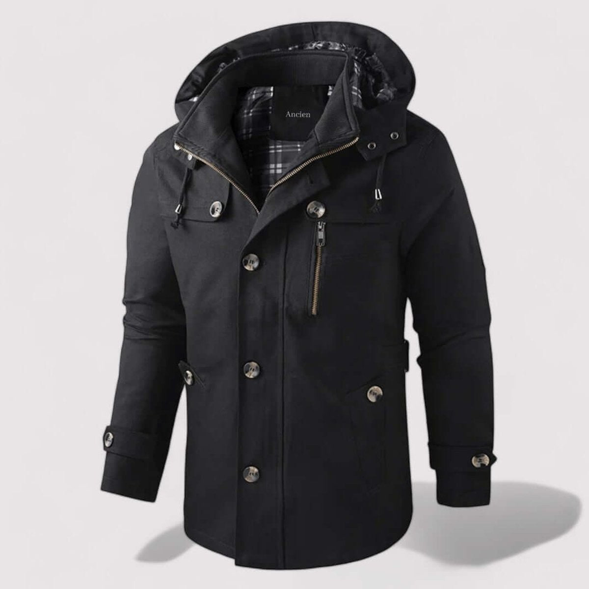 Black hooded jacket with button-down front and check lining detail