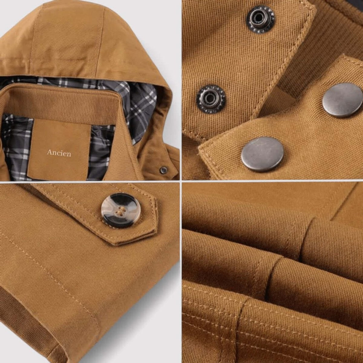 Close-up of camel jacket showing poppers, buttons and hood lining