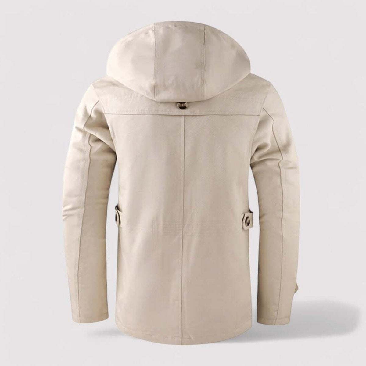 Rear view of beige hooded jacket showing tailored back and seams