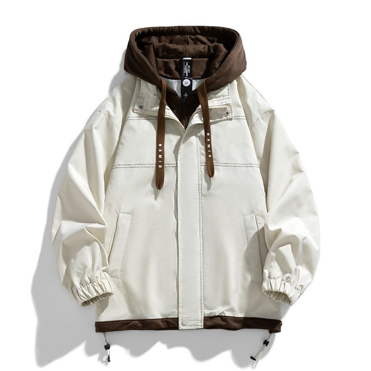 Cream hooded bomber jacket with brown contrast trim and drawstring hood