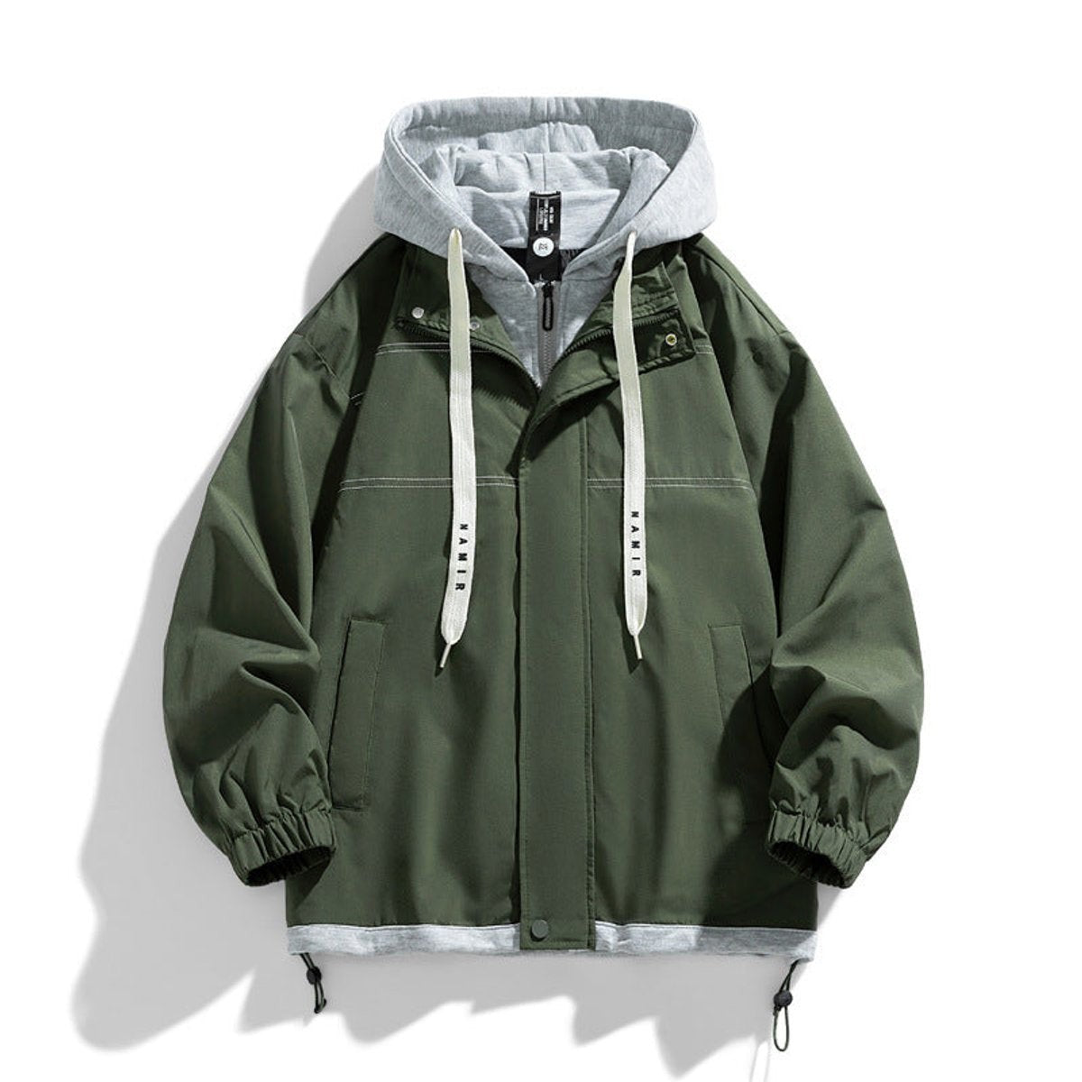 Khaki green hooded bomber jacket with grey contrast lining and drawstring