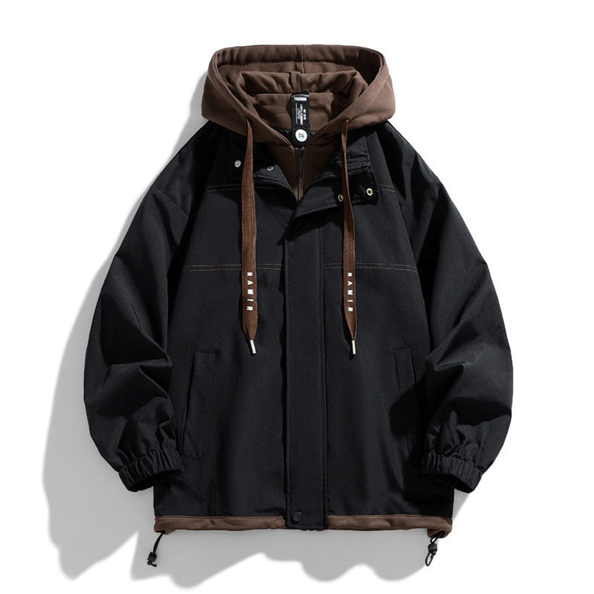 Black hooded bomber jacket with brown contrast trim and drawstring hood