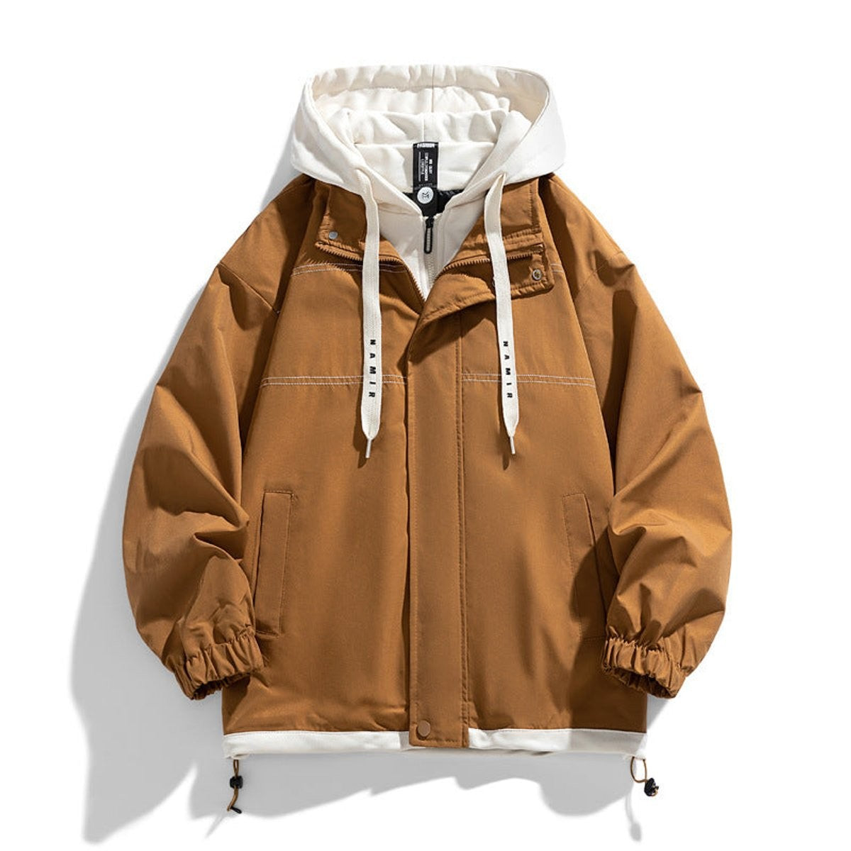 Tan hooded bomber jacket with cream contrast trim and relaxed fit
