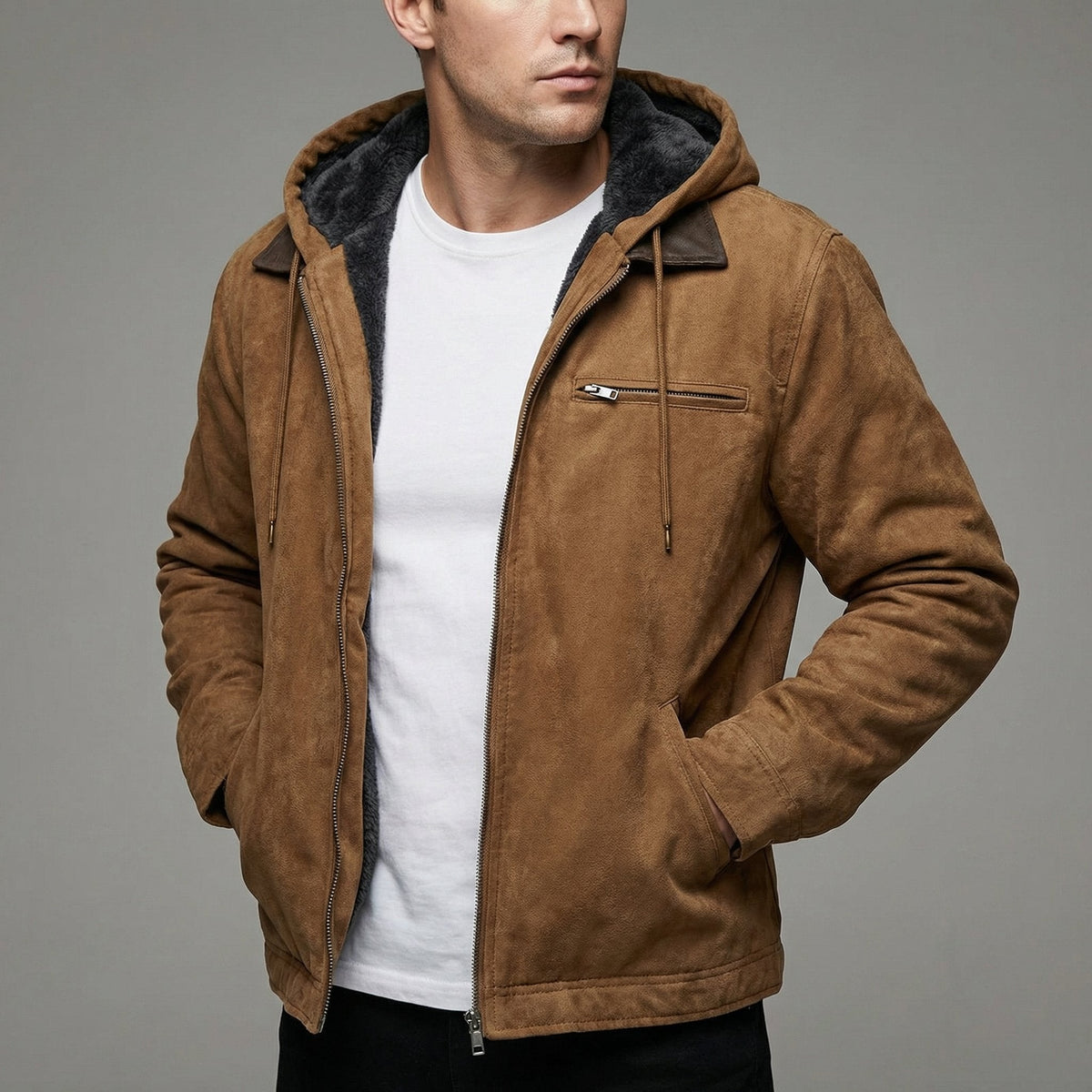Tan suede hooded jacket with fleece lining and zip chest pocket