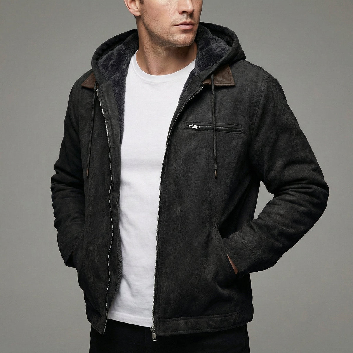 Black suede hooded winter coat with sherpa-lined hood and zip pockets