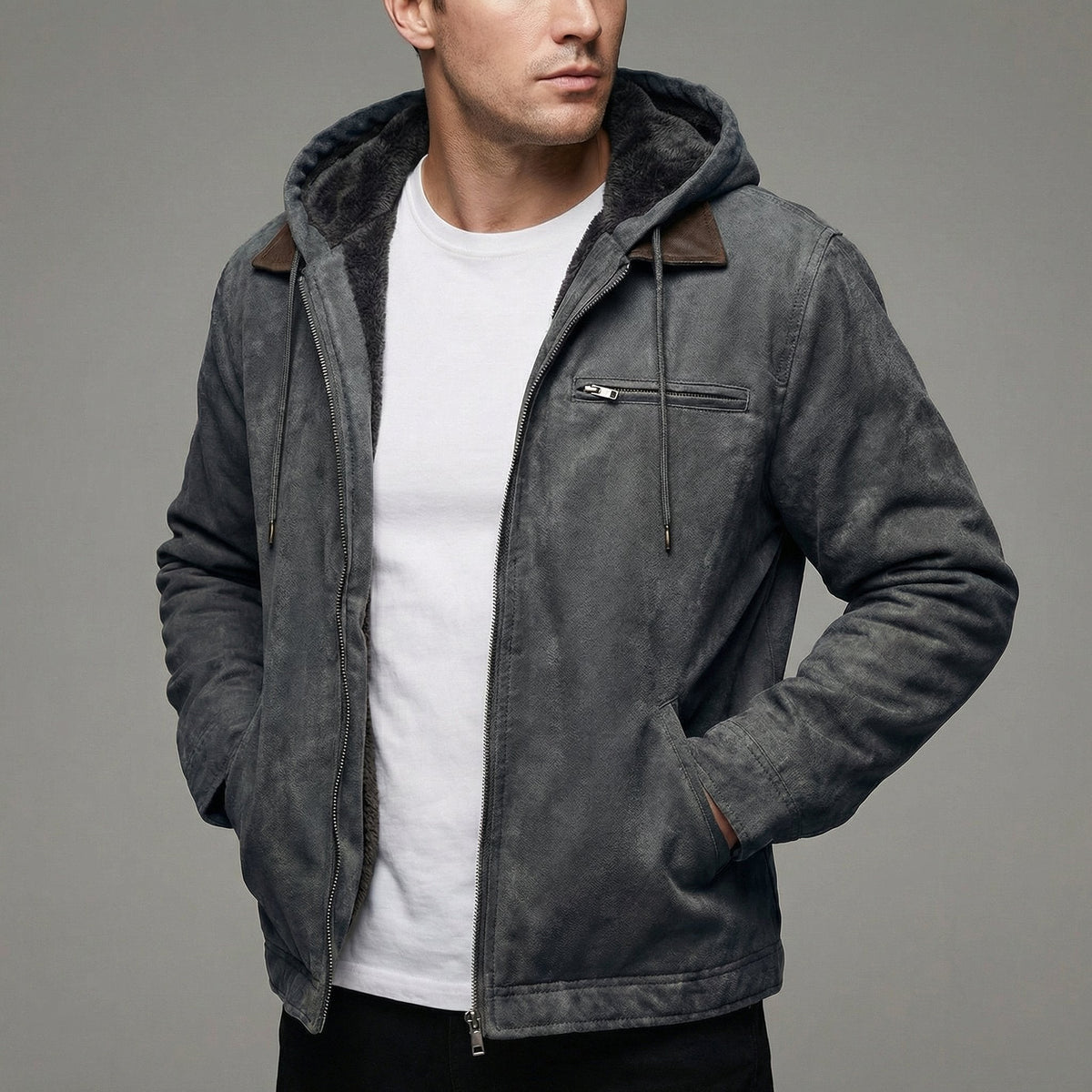 Charcoal grey suede jacket with fleece hood and leather collar trim