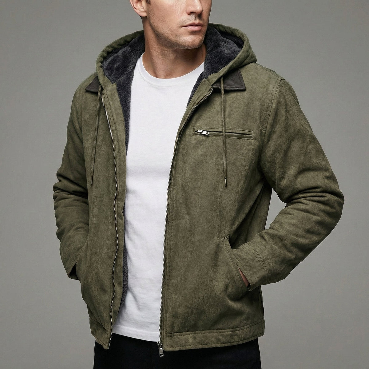 Olive green suede hooded coat with fur lining and zip chest pocket