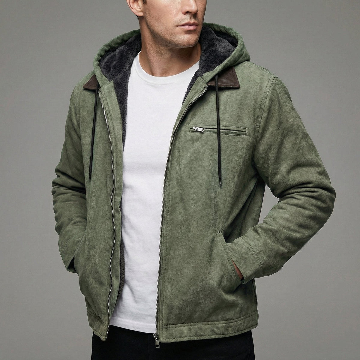 Sage green suede winter jacket with drawstring hood and leather trims