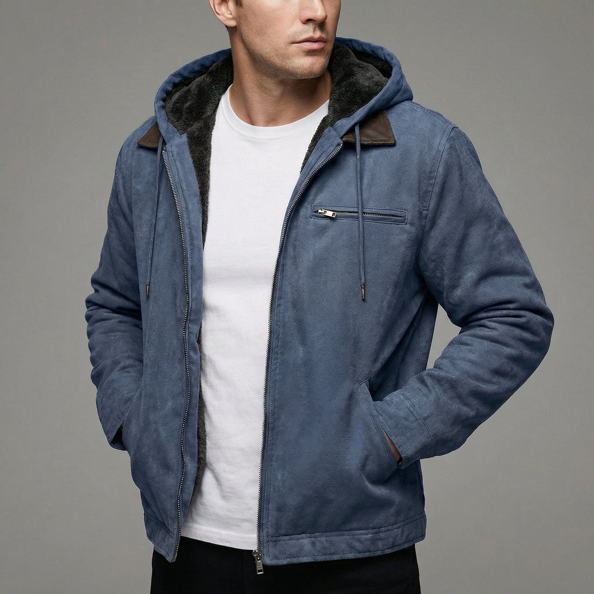 Slate blue suede hooded coat featuring fleece lining and zip detailing