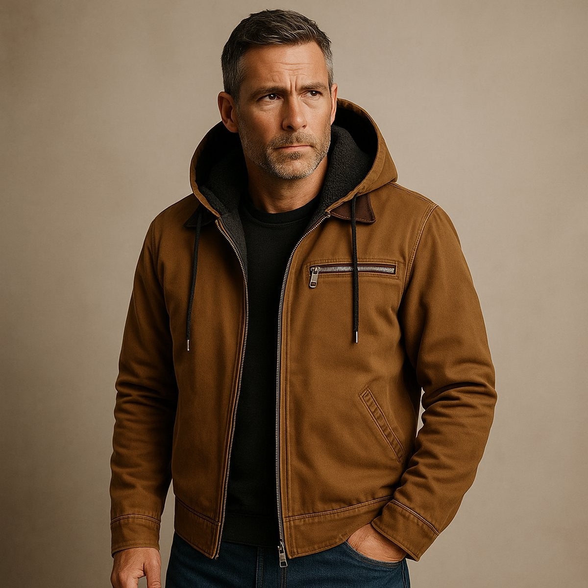 Man wearing tan canvas hooded bomber jacket with fleece-lined hood and zip pocket