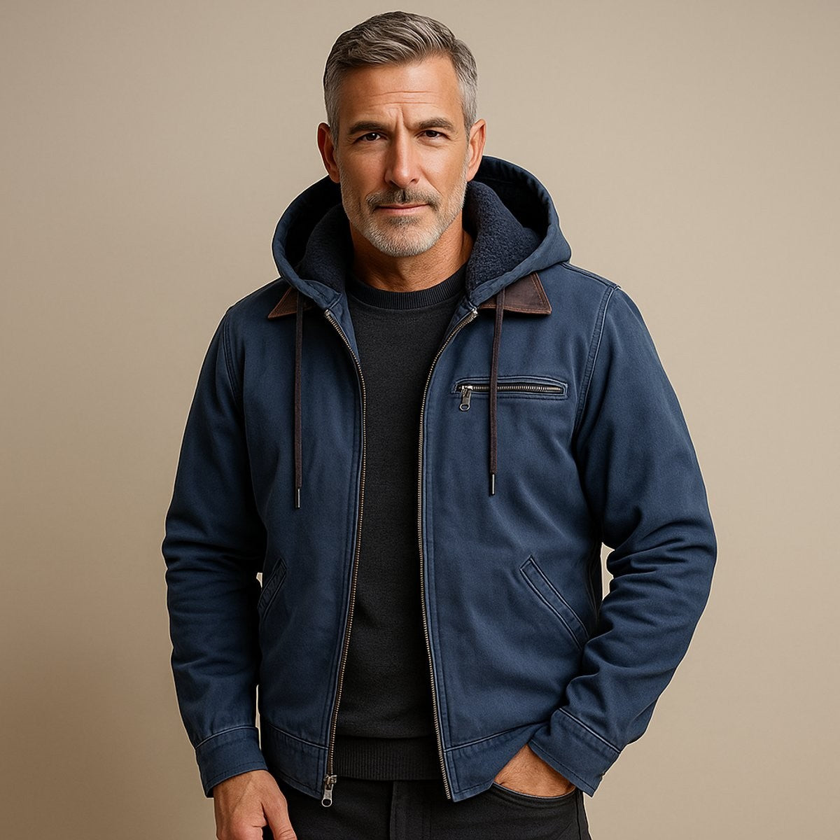 Man modelling navy canvas hooded bomber jacket with contrast leather collar detail