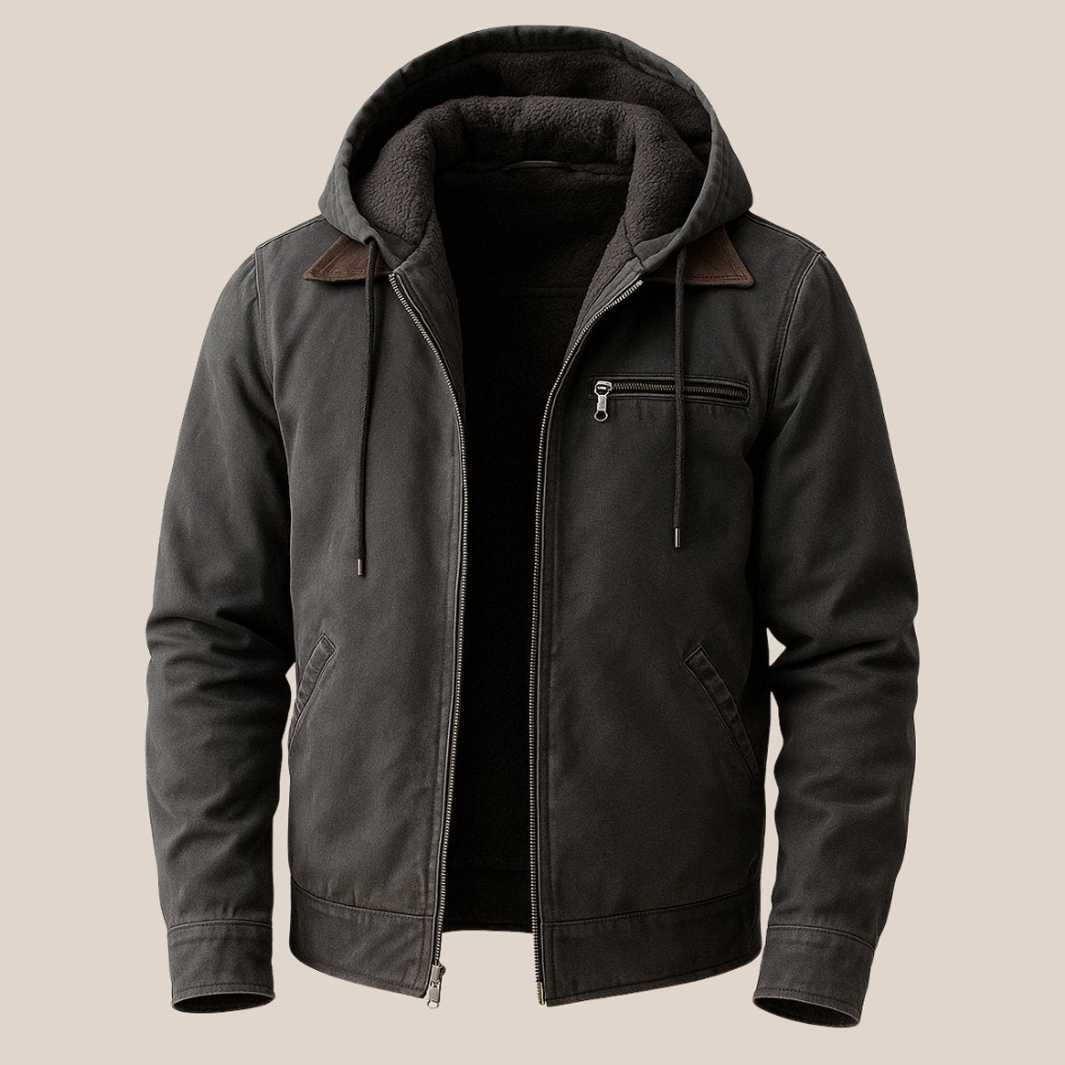Charcoal grey hooded canvas bomber jacket with fleece lining and brown collar trim