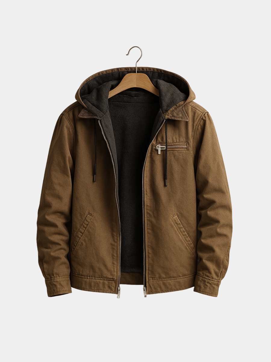 Khaki fleece-lined hooded jacket with zip pockets on wooden hanger