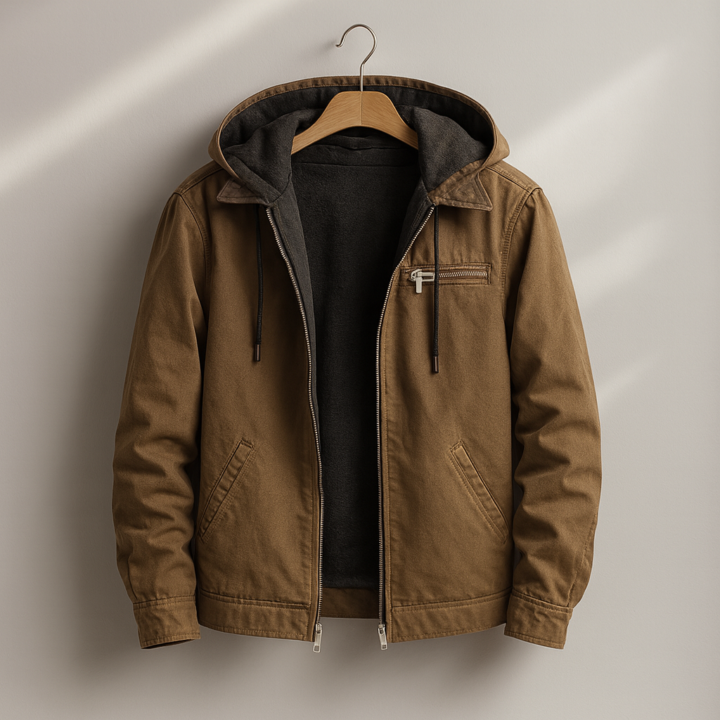 Brown cotton hooded jacket with fleece lining and drawstring hood