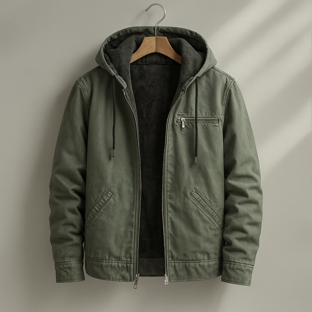 Olive green hooded jacket showing dark fleece interior and zip pockets