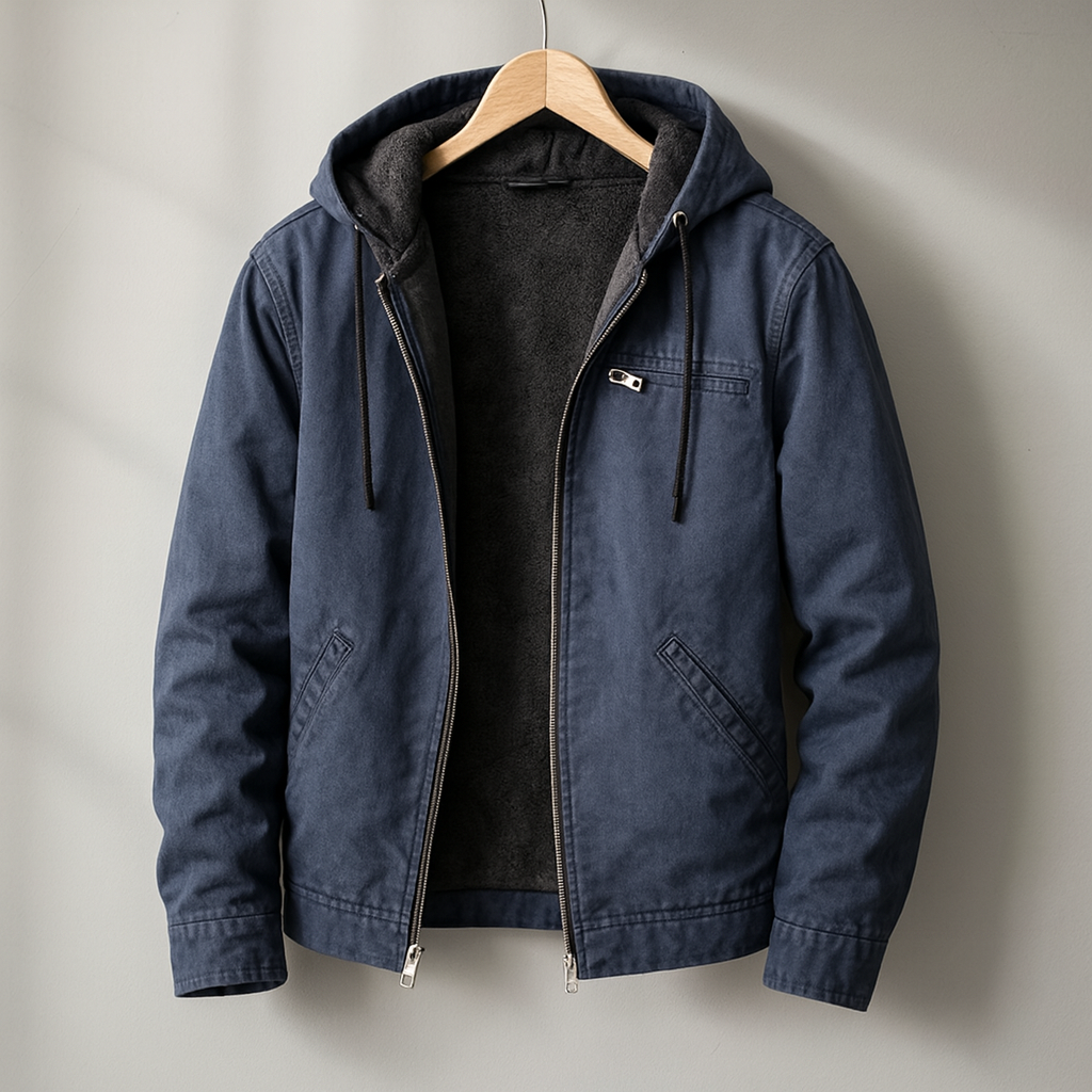Navy hooded jacket with fleece lining hanging against neutral backdrop