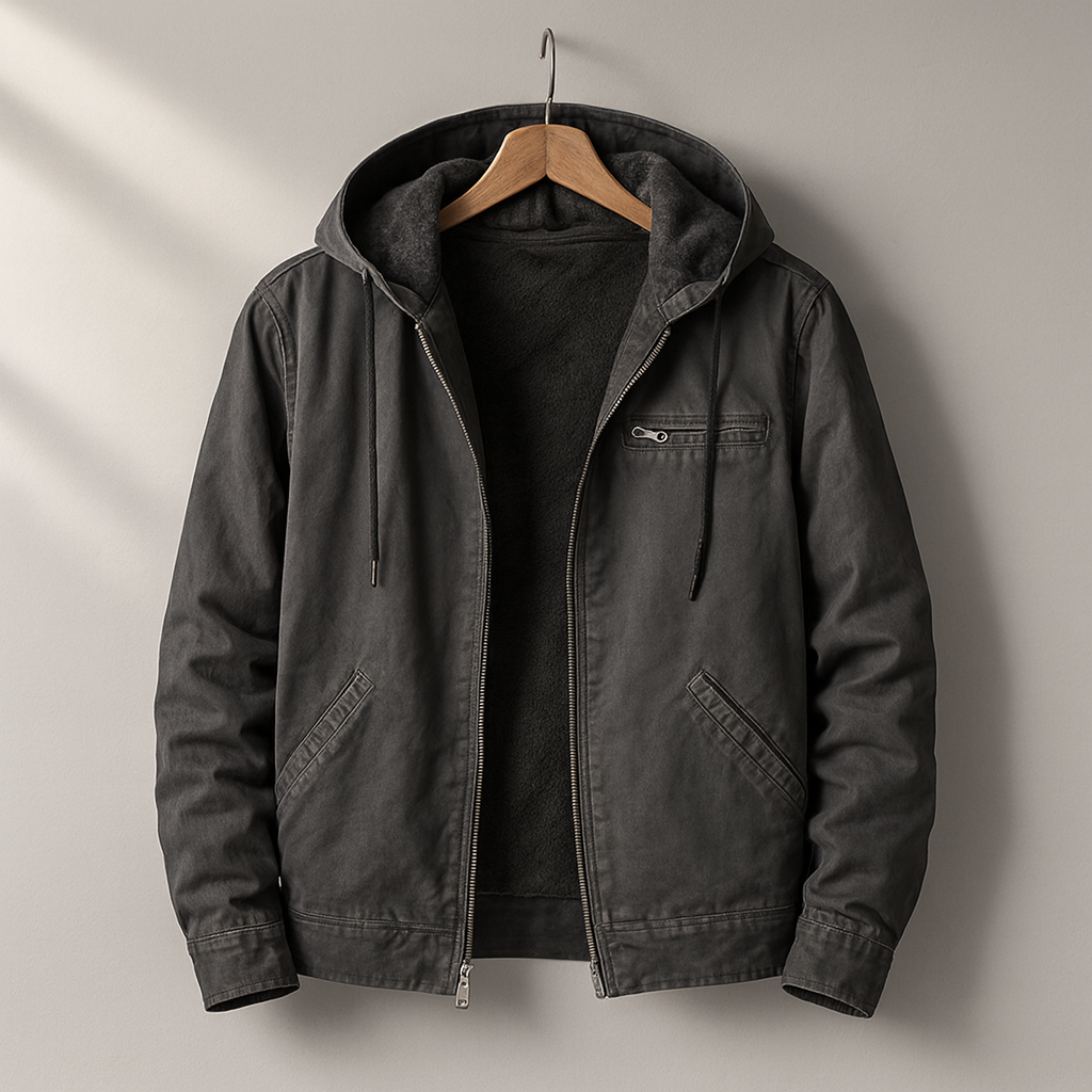 Charcoal grey fleece-lined jacket with hood and front zip fastening