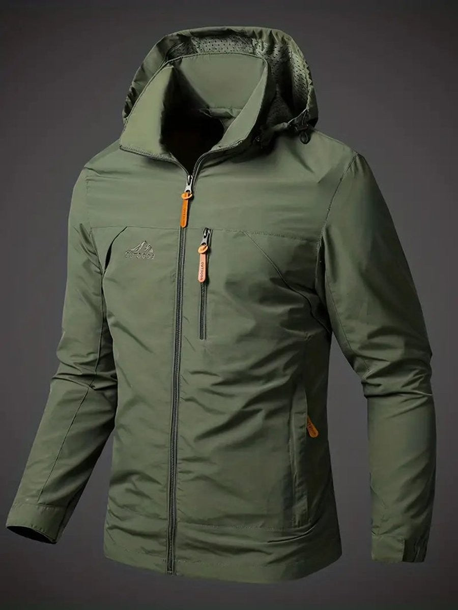 Khaki green hooded waterproof jacket with zip chest pocket and mesh lining
