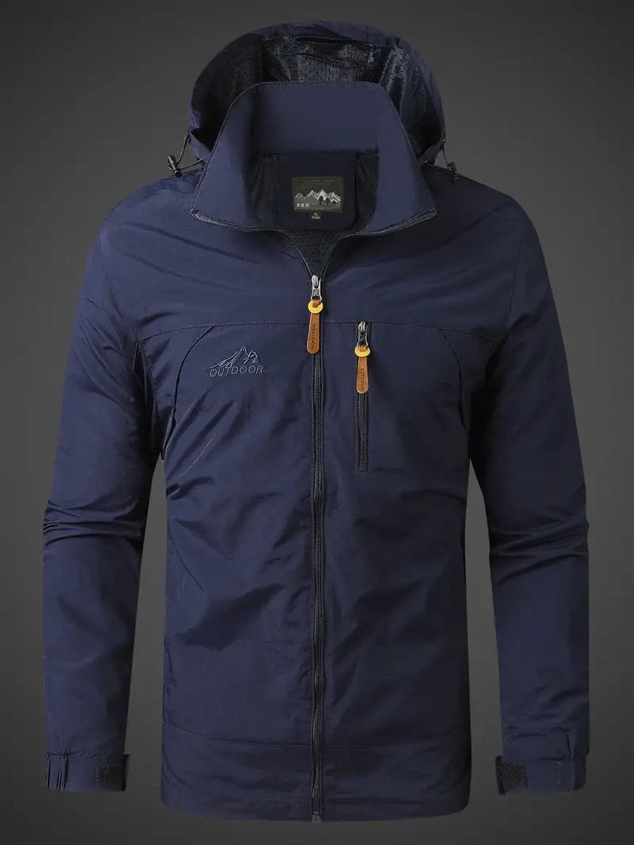 Navy hooded lightweight rain jacket featuring zip pockets and adjustable hood