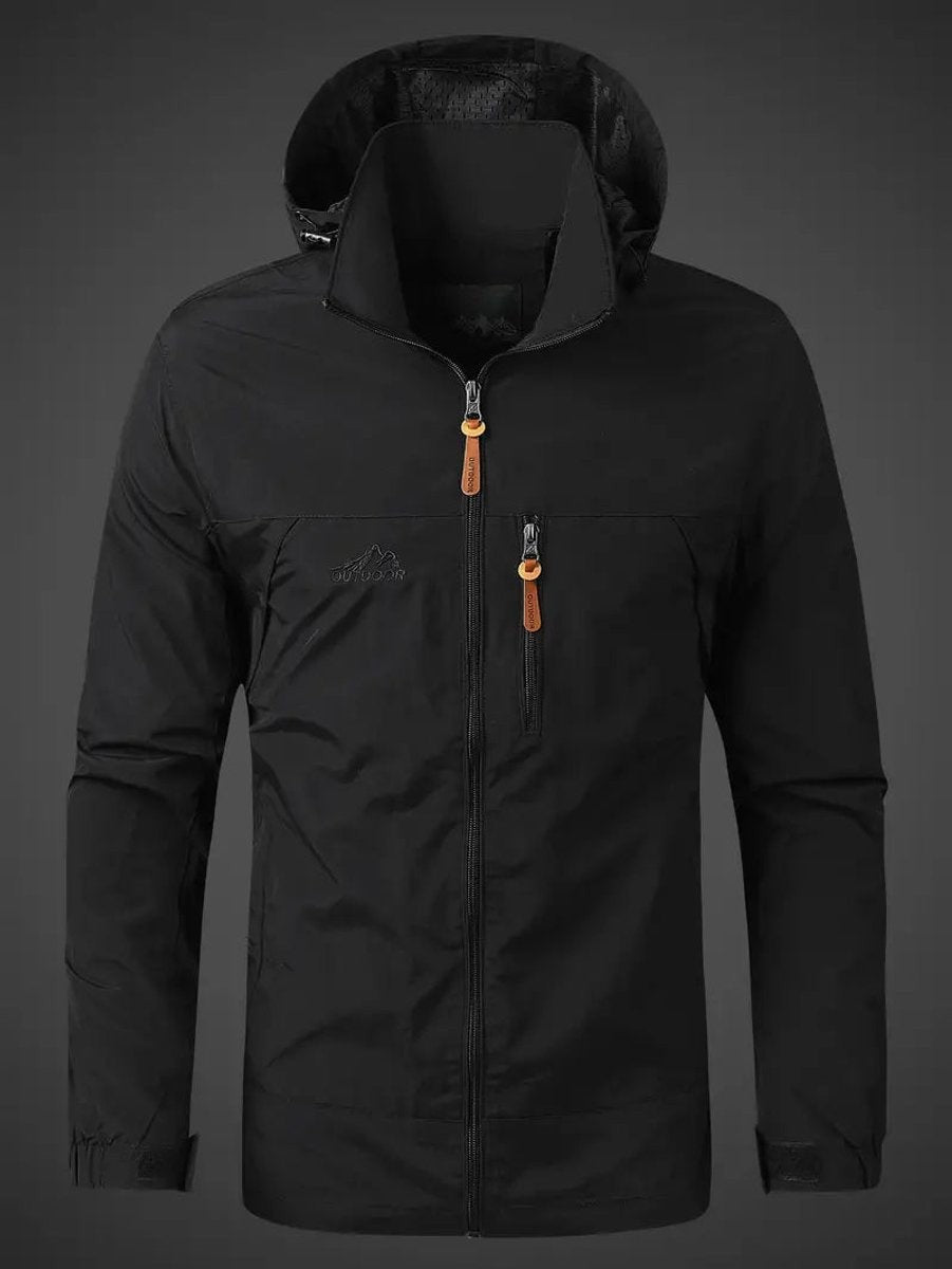 Black hooded waterproof jacket with zip chest pocket and mountain logo detail