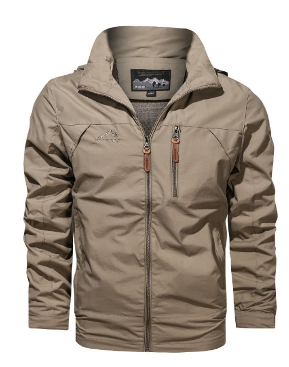 Beige hooded lightweight jacket with zip fastening and stand-up collar