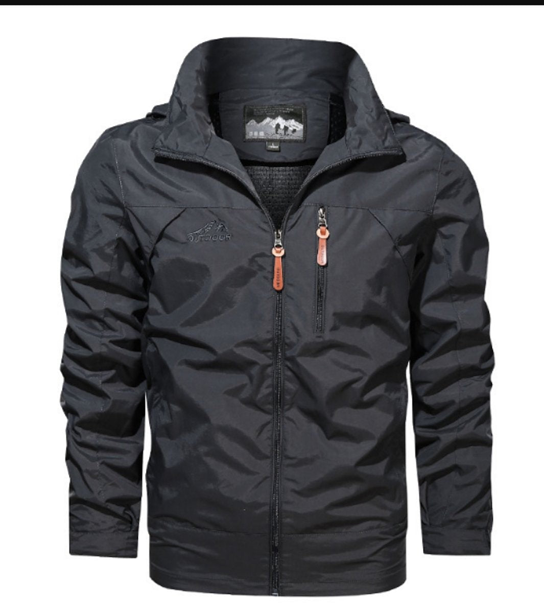 Charcoal grey hooded rain coat with contrast zip pulls and fitted cuffs