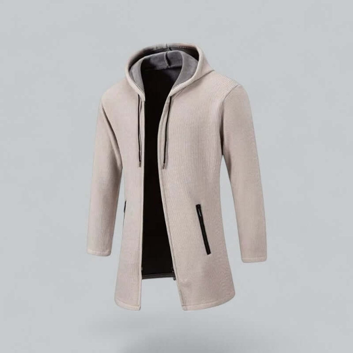 Beige ribbed knit longline hooded jacket with front zip and pockets