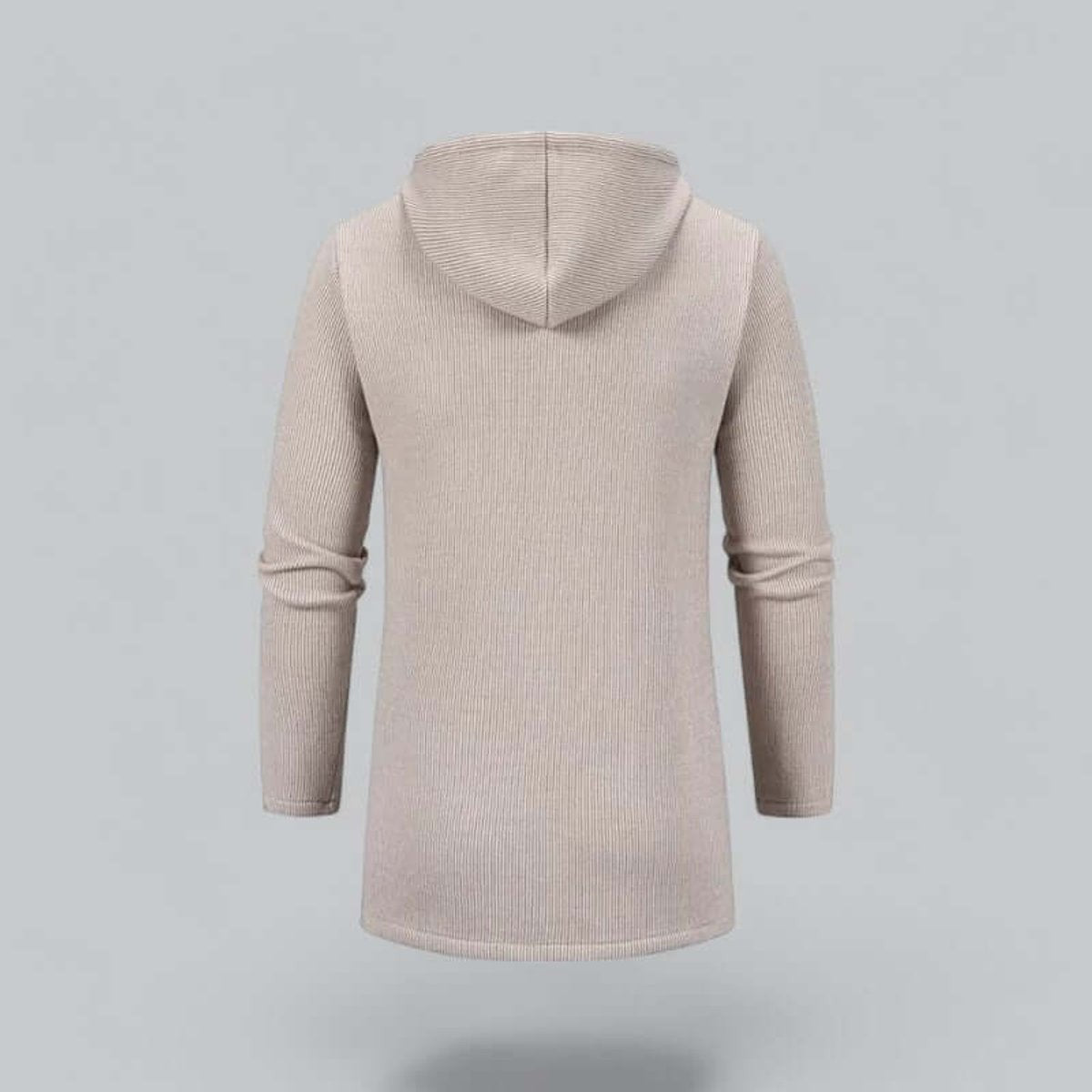 Rear view of beige ribbed knit hooded longline coat