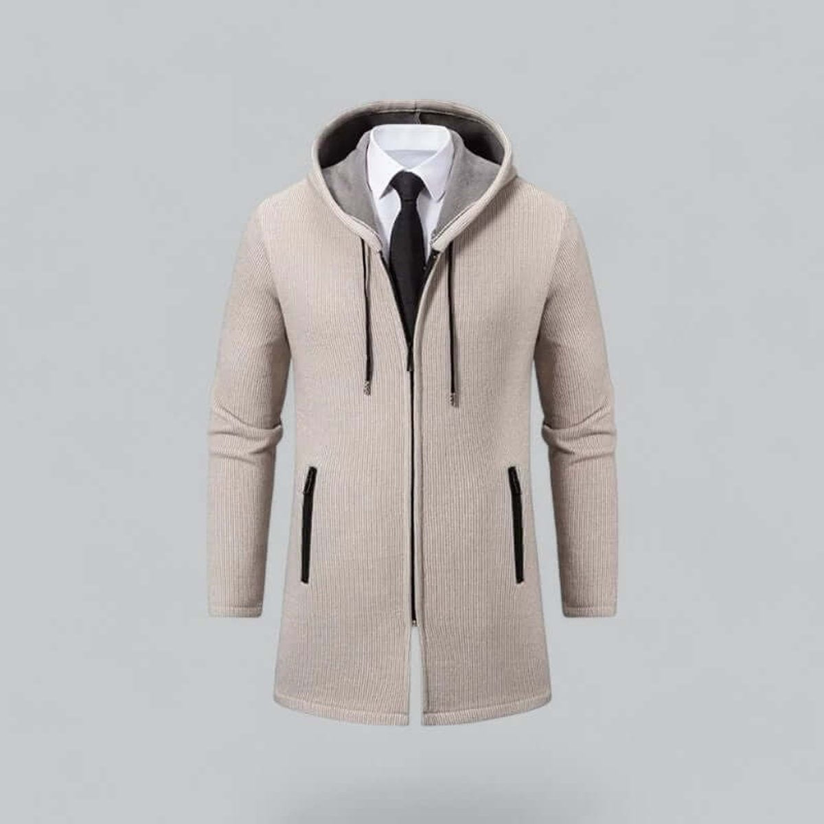 Beige hooded longline jacket worn over shirt and tie for smart styling