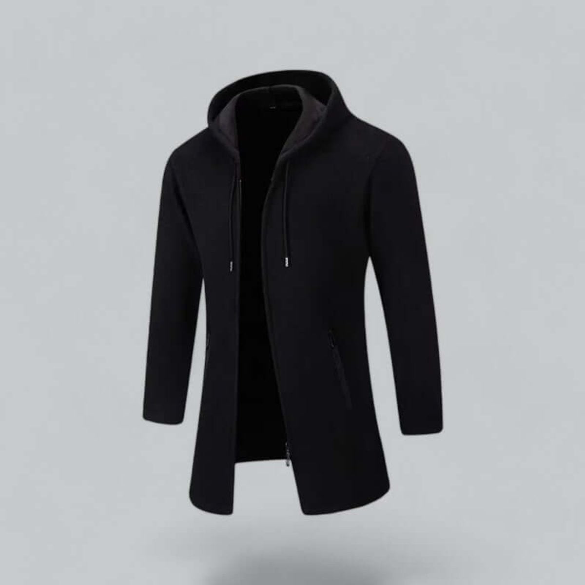 Black ribbed knit longline hooded jacket with zip fastening and pockets