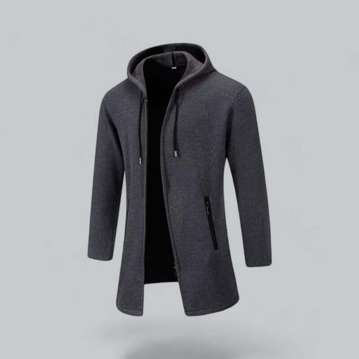 Charcoal grey ribbed knit hooded longline jacket with zip pockets