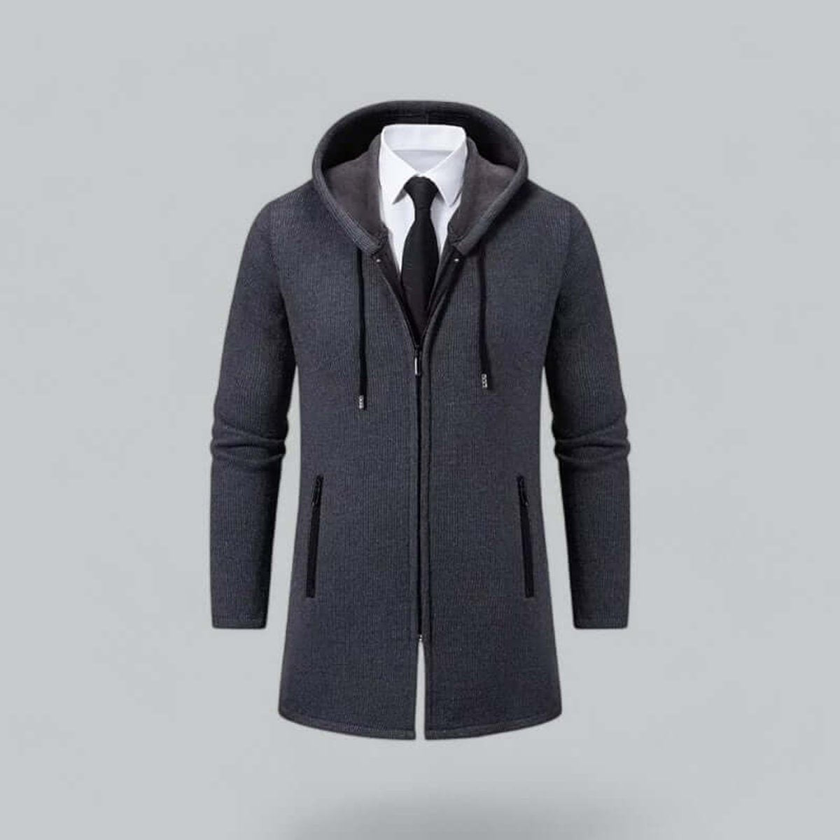 Charcoal hooded longline coat paired with shirt and tie for smart-casual look