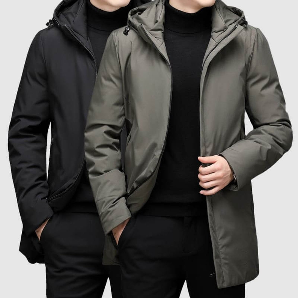 Black and khaki hooded winter coats shown together in matching styles