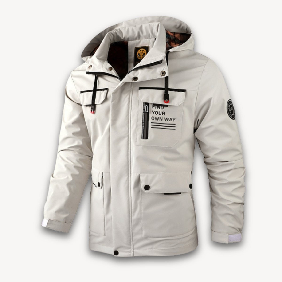 Stone-coloured hooded jacket with multiple cargo pockets and branded patch